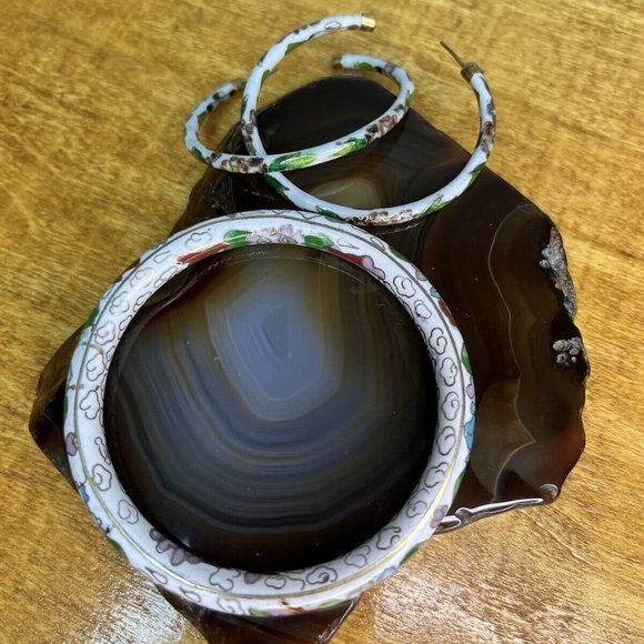 Vintage Cloisonné Enamel Hand Painted Hinged Bangle Bracelet And Earrings Set - Picture 2 of 11